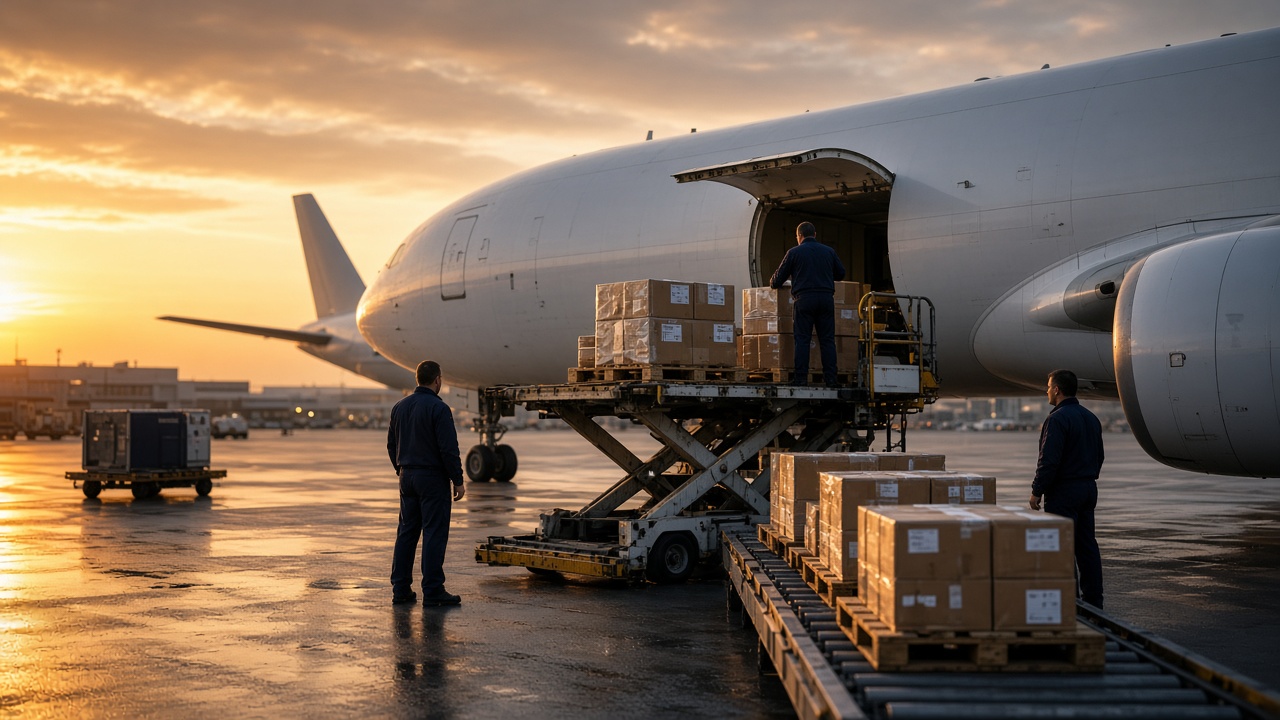 Cargo aircraft being loaded with freight pallets